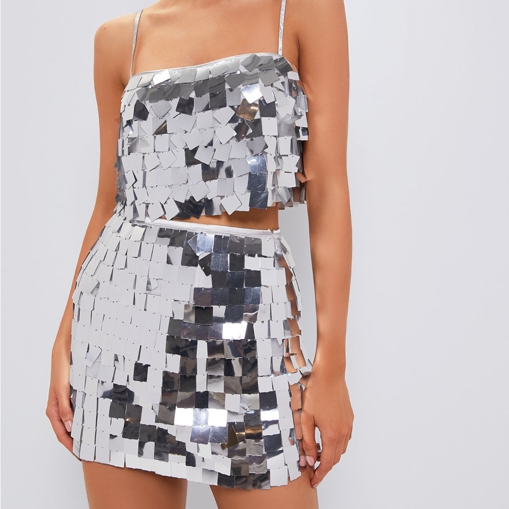 Saylor Tuckernuck Silver Griselda Sequin Skirt and Crop Top - Small
